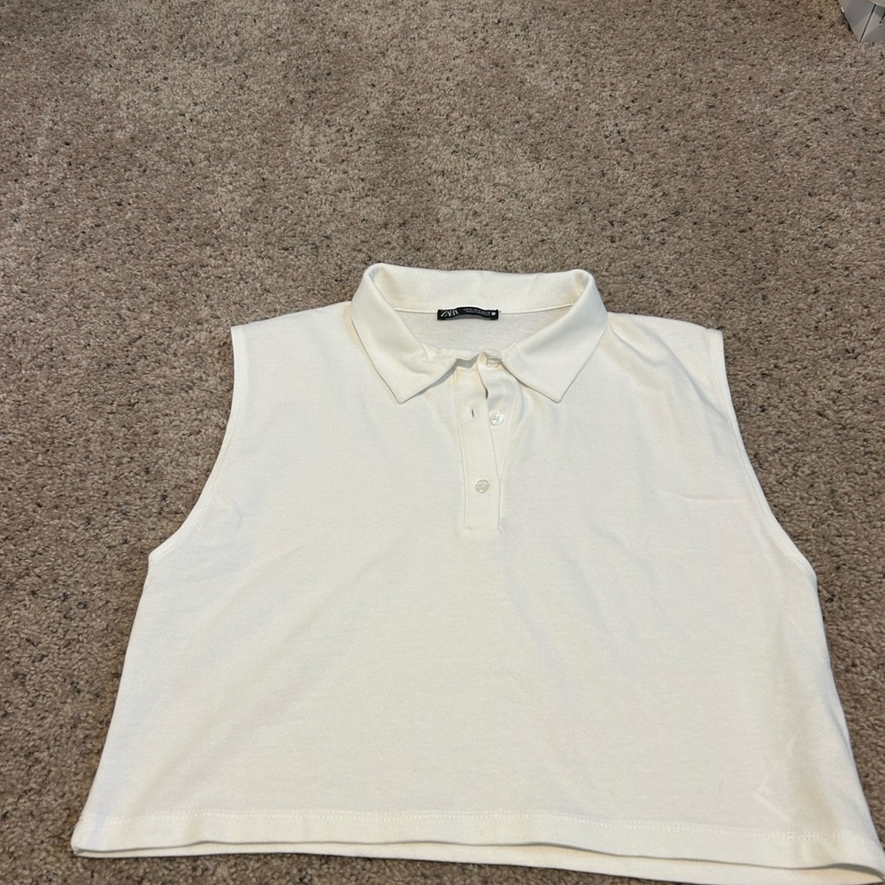 Zara Sleeveless White Collared Crop Top